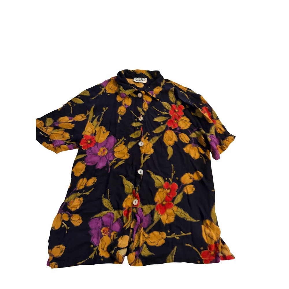 Clio 90s Shirt Tropical Floral‎ Black Rayon Crinkle Button Down Short Sleeve